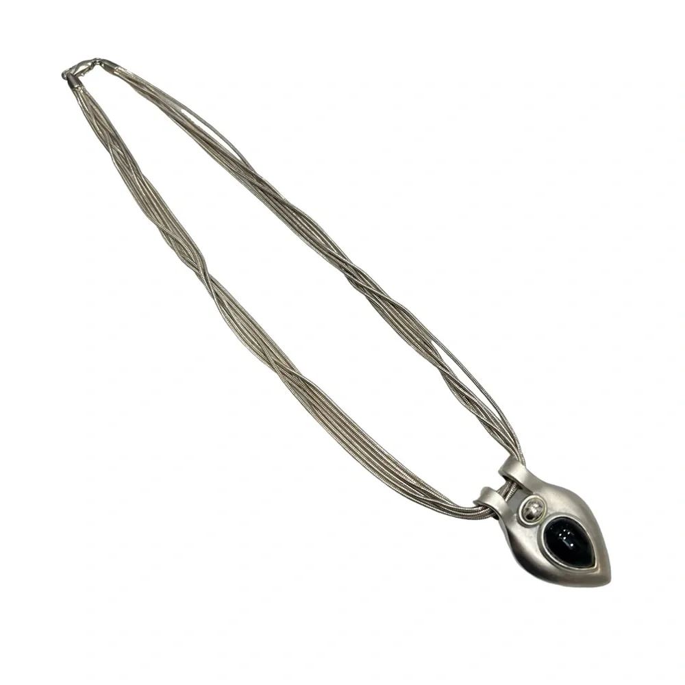 VINTAGE 6 CHAIN SILVER TONE NECKLACE WITH TEARDROP PENDANT WITH BLACK STONE